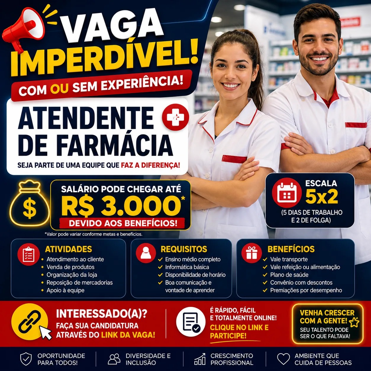 Imagem da vaga 💊 VAGA DE EMPREGO – ATENDENTE DE FARMÁCIA (COM OU SEM EXPERIÊNCIA)